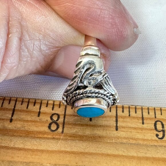 VTG Sterling Silver 925 Turquoise Bezel Set Swan Design Shoulders Ring Size 6 - Picture 6 of 10